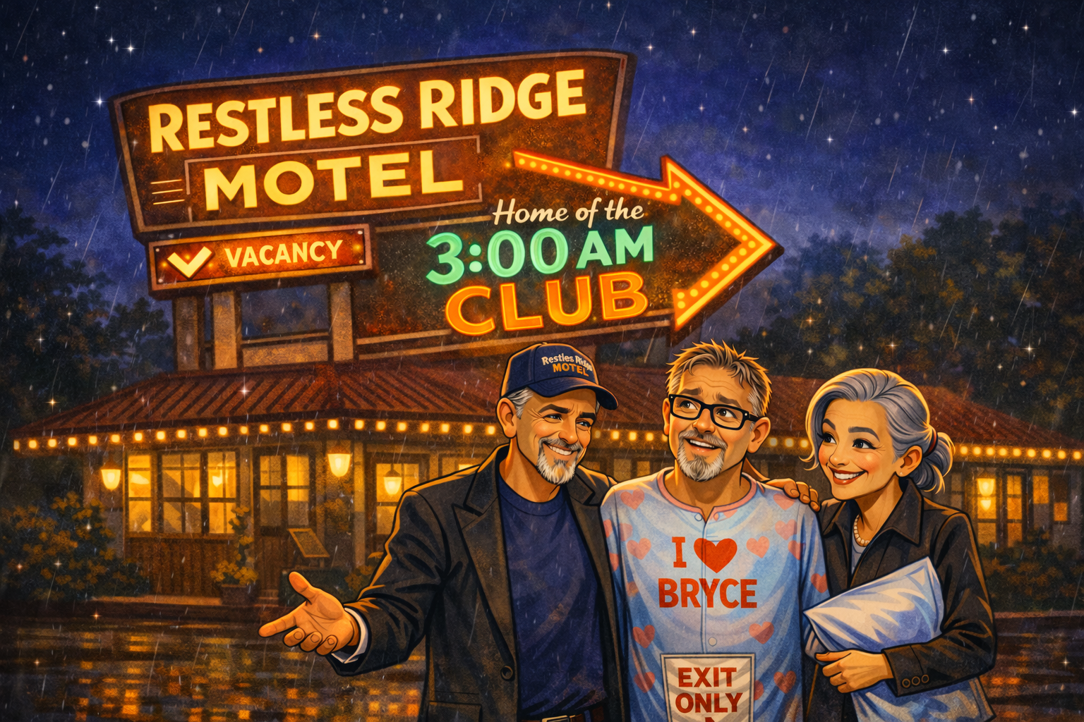 Illustrated Restless Ridge Motel scene with the main building and signs.