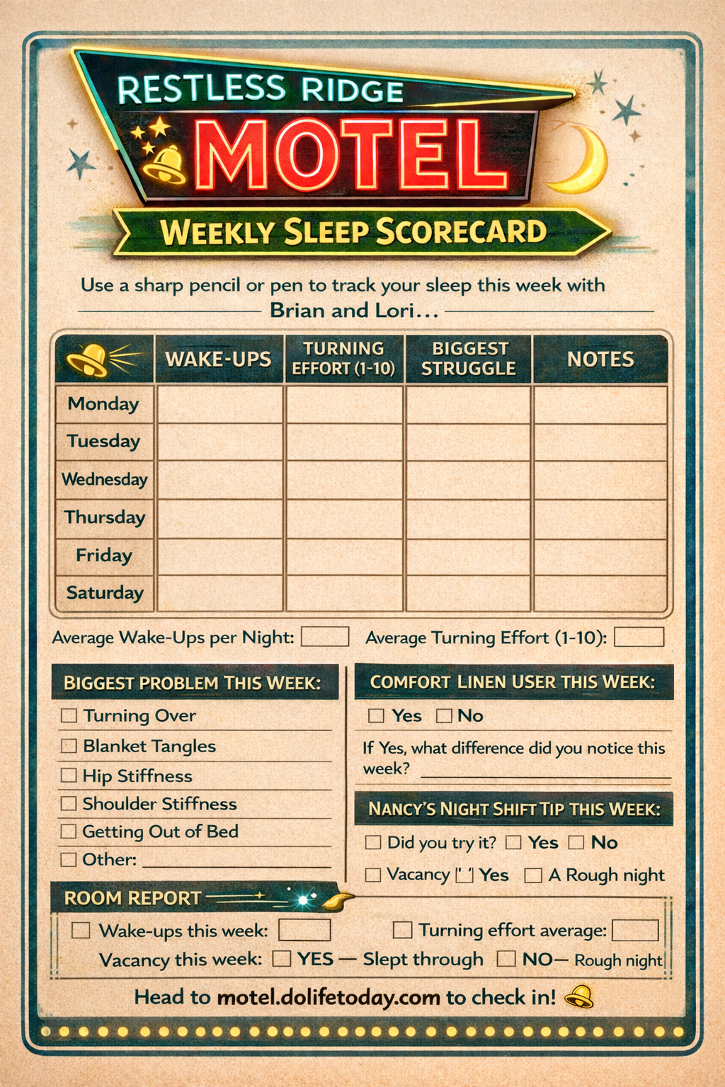 Sleep Tracker — free printable for Restless Ridge Motel guests
